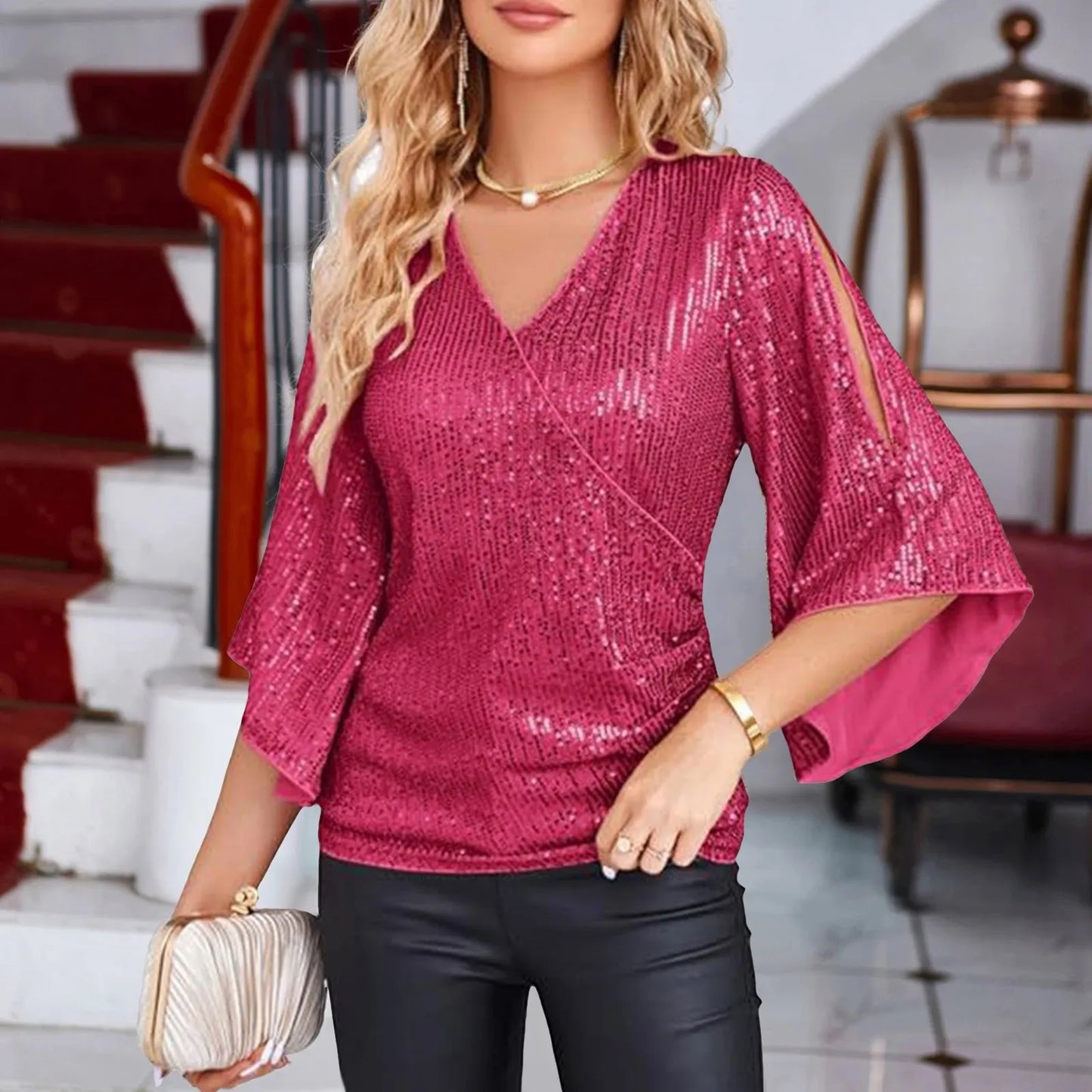 Stilla | 3/4 Ærmet Glitter Glitrende Festbluse med V-Hals Asta
