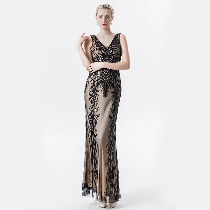 Stilla | Pailletter Ærmeløs Dyb V-Hals Retro Gatsby Kjole