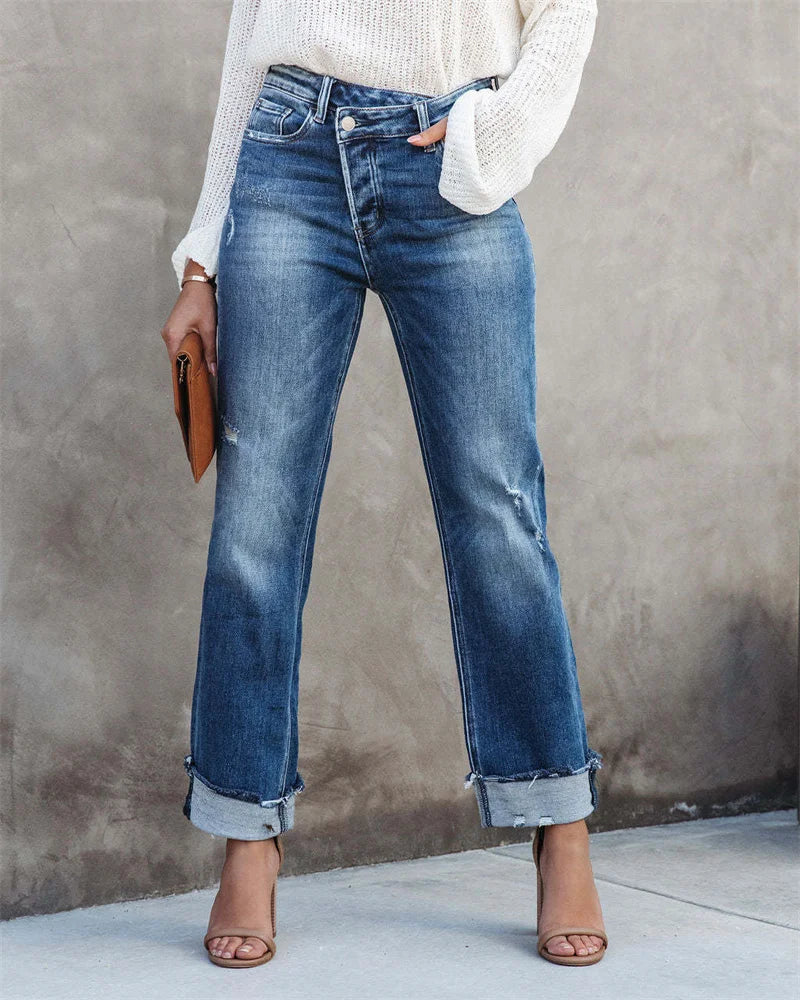 Stilla | Lige Jeans med Høj Talje og Knapstolpe