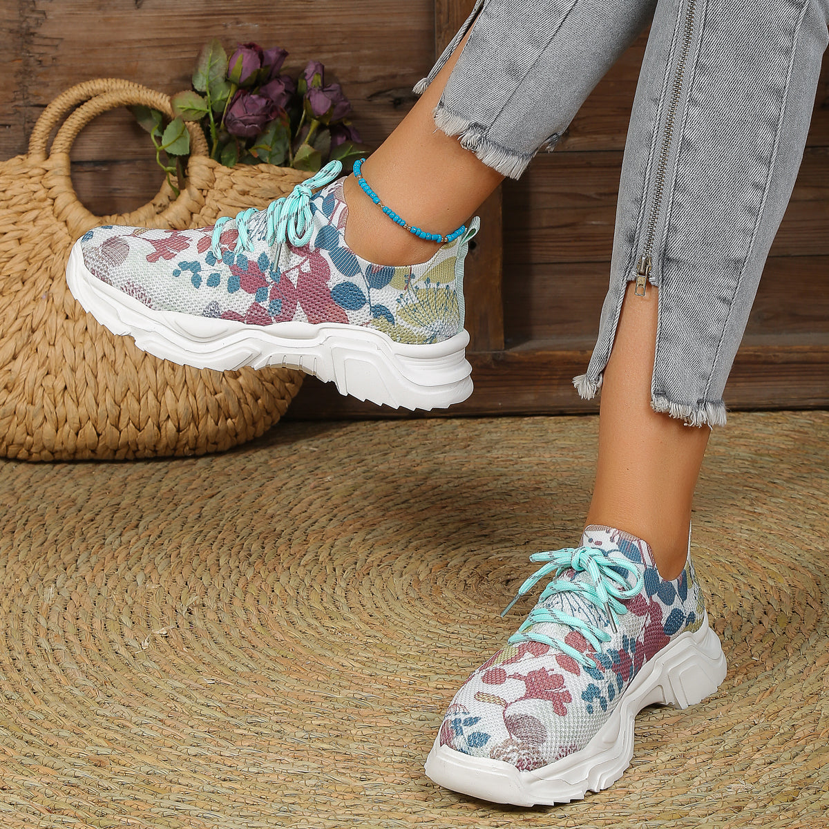 Stilla | Åndbare Ortodontiske Sneakers Med Snørebånd Og Blomster Mønster