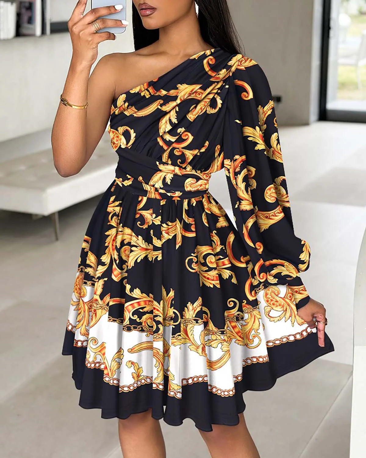 Stilla | Sexet Boho Print Én Skulderkjole
