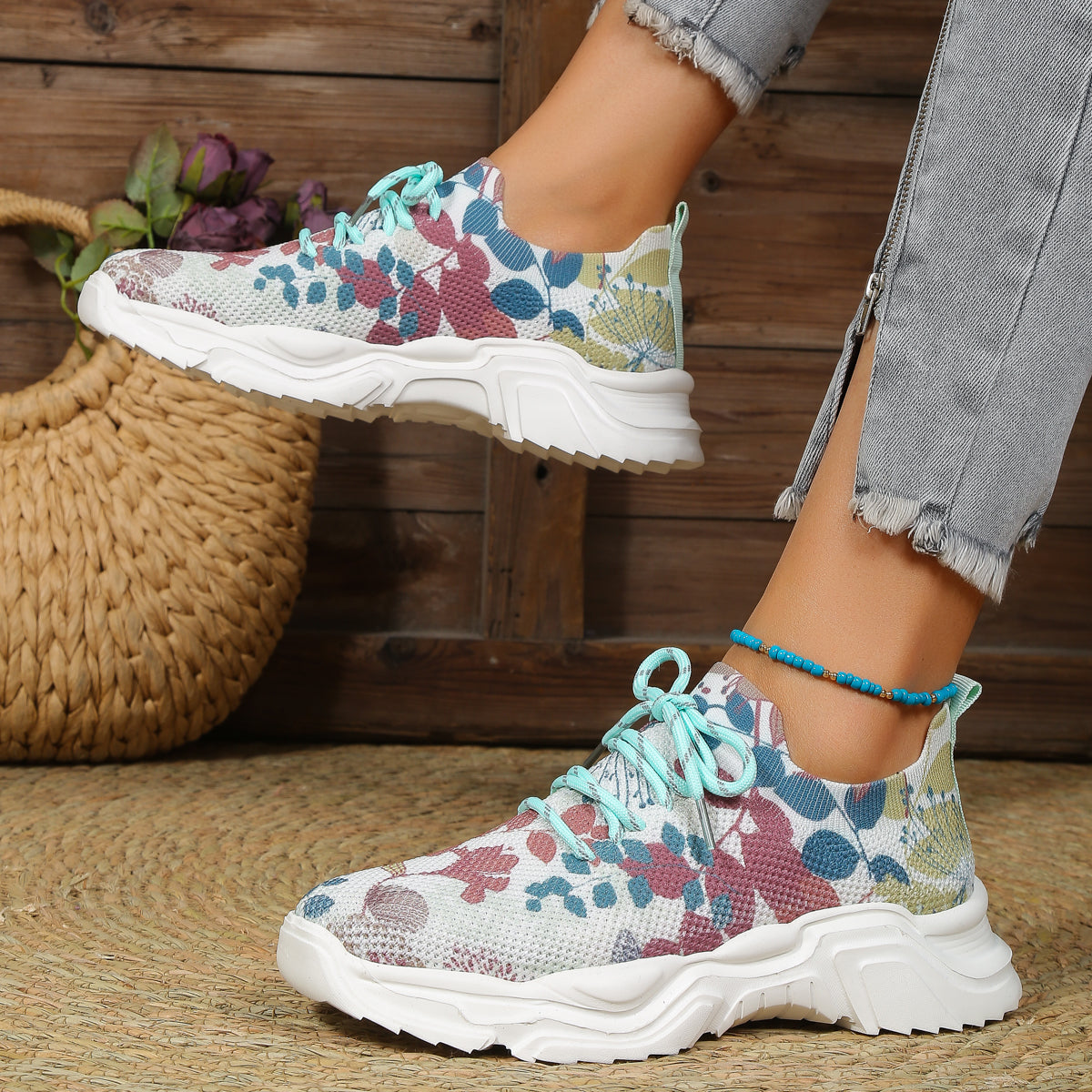 Stilla | Åndbare Ortopædiske Sneakers Med Snørebånd Og Blomsterdesign