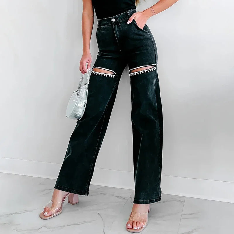 Stilla | Slim Fit Diamond Patchwork Jeansbukser til Kvinder
