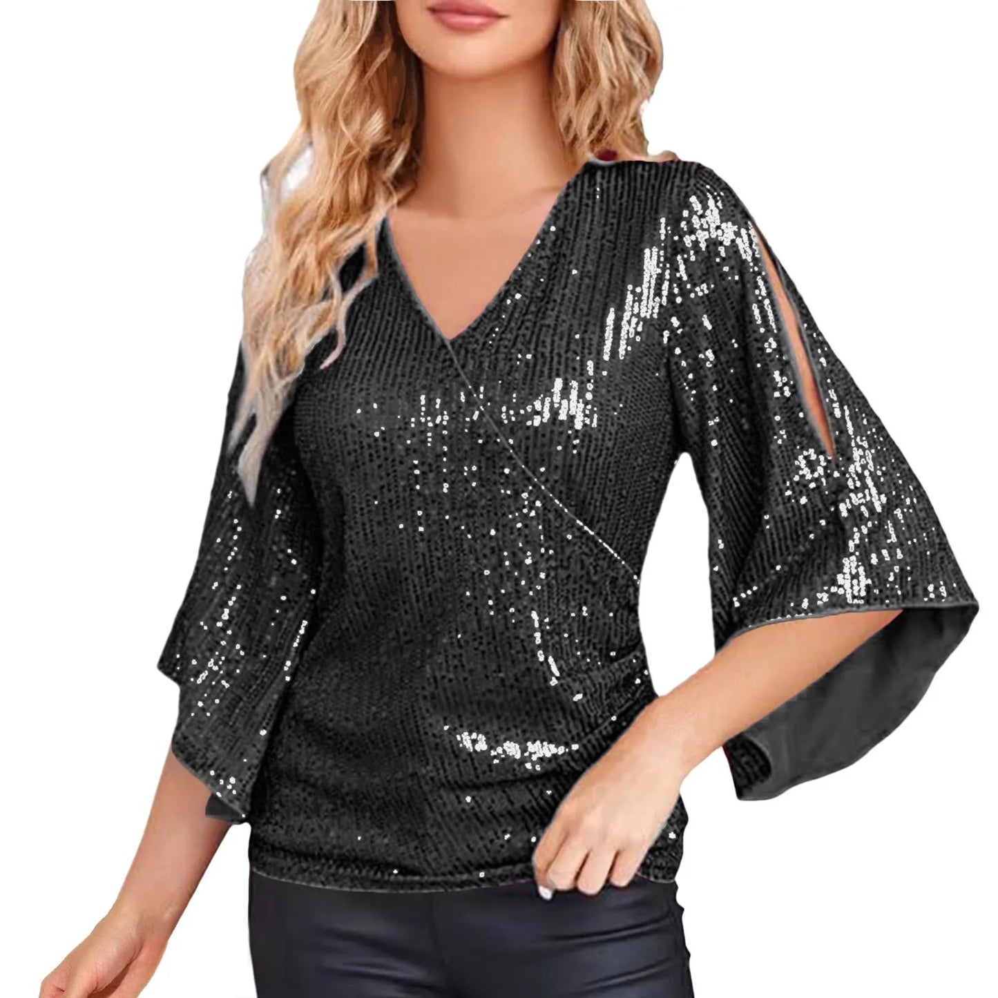 Stilla | 3/4 Ærmet Glitter Glitrende Festbluse med V-Hals Asta