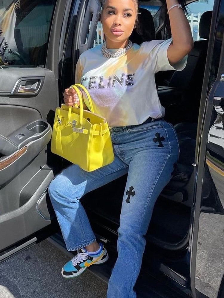 Stilla | Årgang Cross Printed Baggy Jeans Lav Talje Denim Bukser