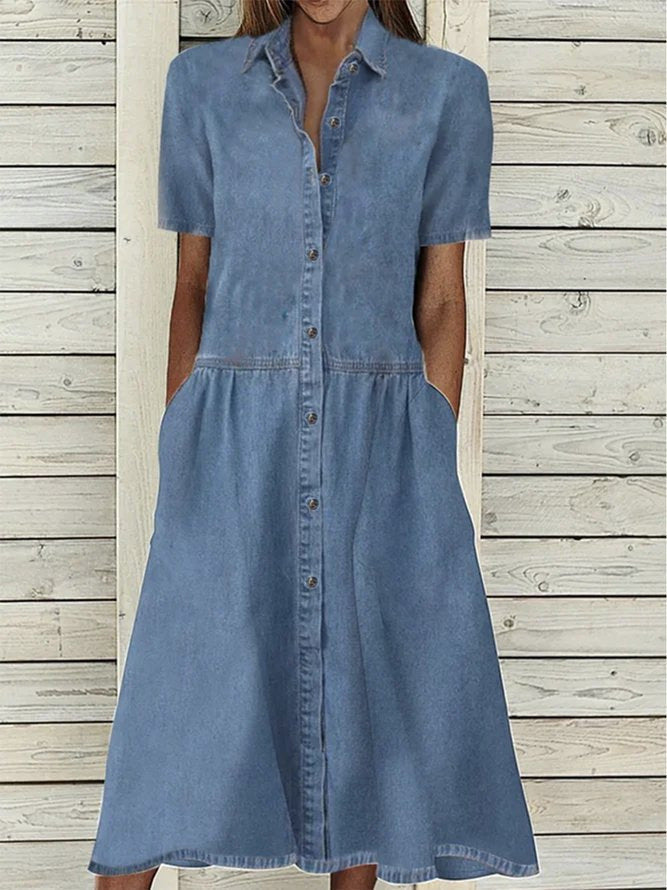 Stilla | Kvinder Kjoler Afslappet Krave Knap Lomme Denim Kjole