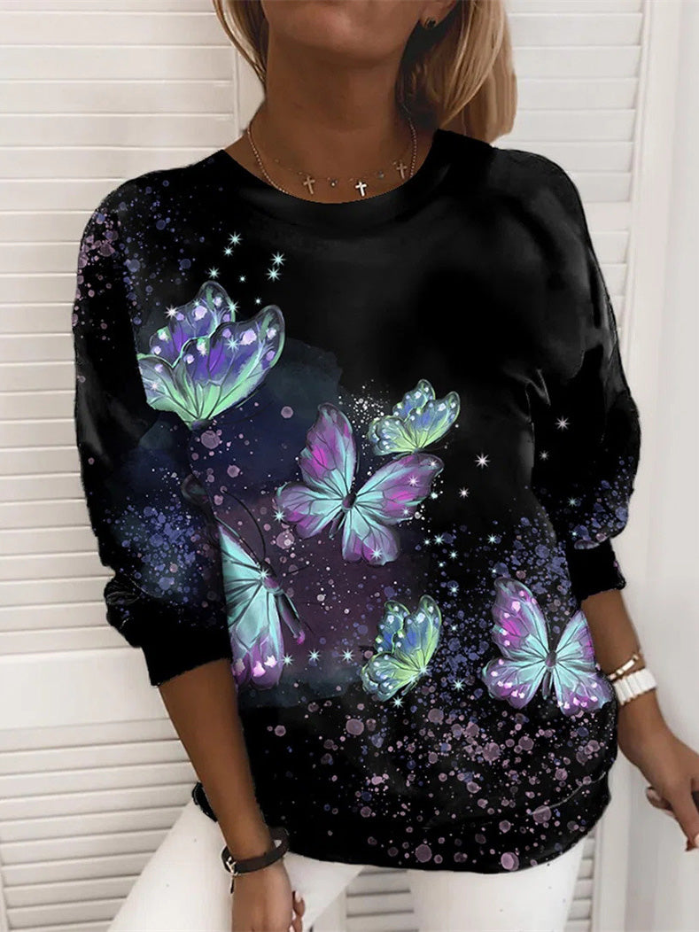Stilla | Kvinders T-shirts Sommerfugl Print Rund Hals Lange Ærmer T-shirt