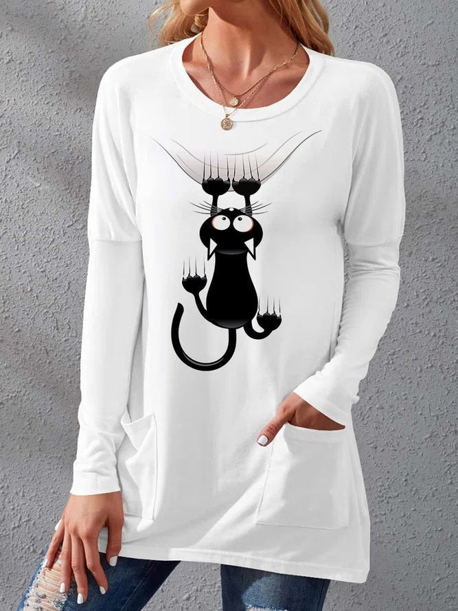 Stilla | Dame T-shirts Kat Print Rund Hals Lomme Lange Ærmer T-shirts