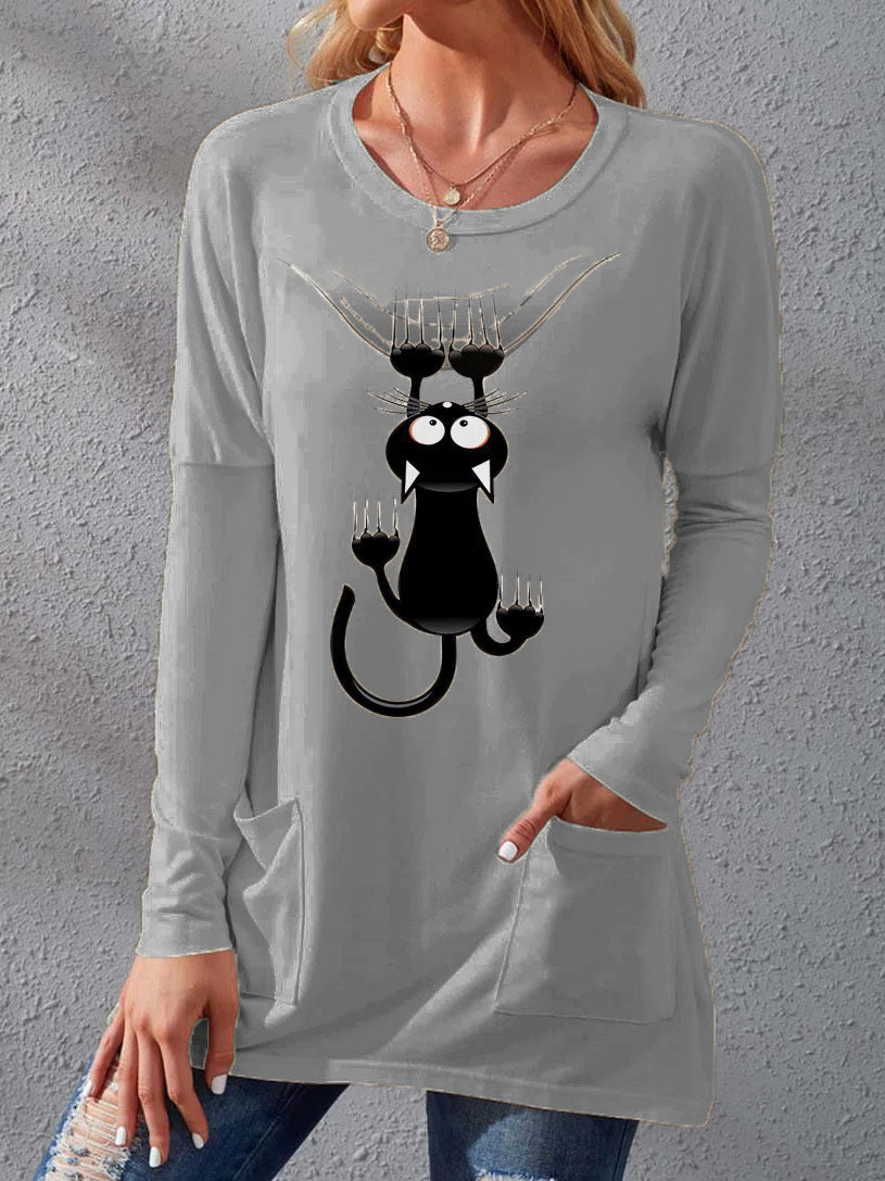 Stilla | Dame T-shirts Kat Print Rund Hals Lomme Lange Ærmer T-shirts
