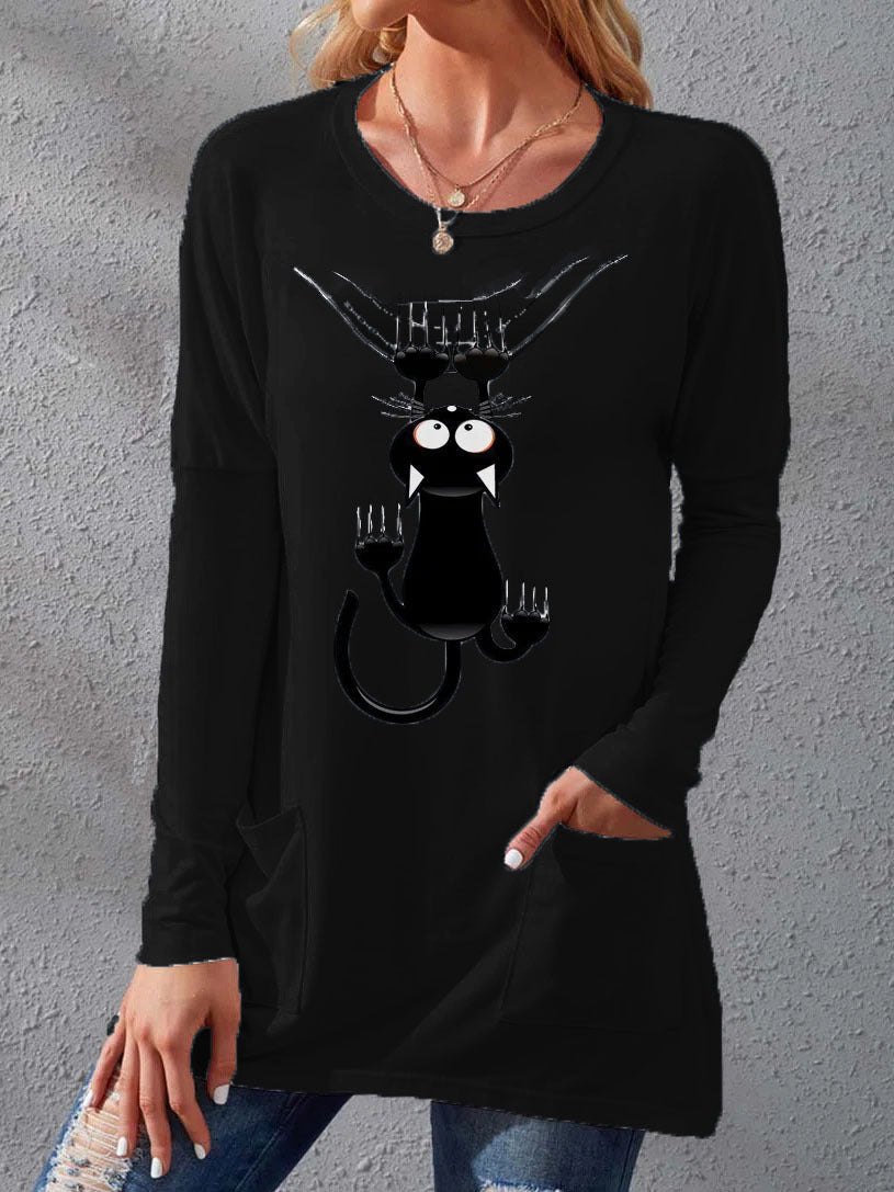 Stilla | Dame T-shirts Kat Print Rund Hals Lomme Lange Ærmer T-shirts