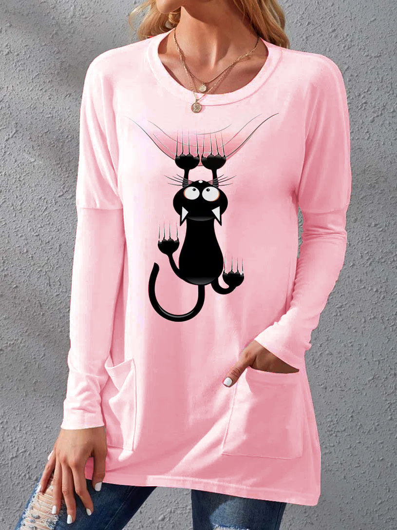 Stilla | Dame T-shirts Kat Print Rund Hals Lomme Lange Ærmer T-shirts