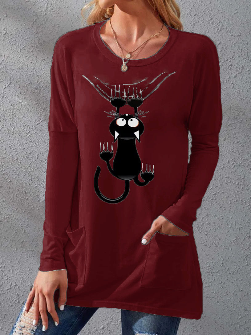 Stilla | Dame T-shirts Kat Print Rund Hals Lomme Lange Ærmer T-shirts