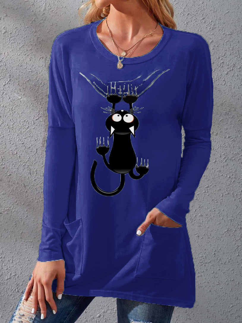 Stilla | Dame T-shirts Kat Print Rund Hals Lomme Lange Ærmer T-shirts
