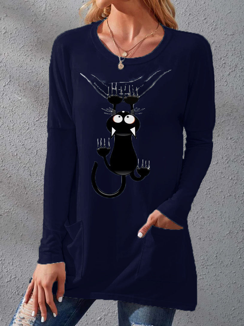 Stilla | Dame T-shirts Kat Print Rund Hals Lomme Lange Ærmer T-shirts