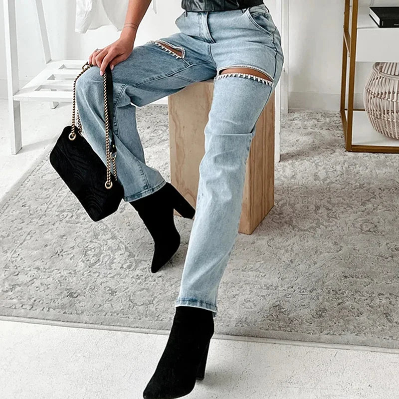 Stilla | Slim Fit Diamond Patchwork Jeansbukser til Kvinder