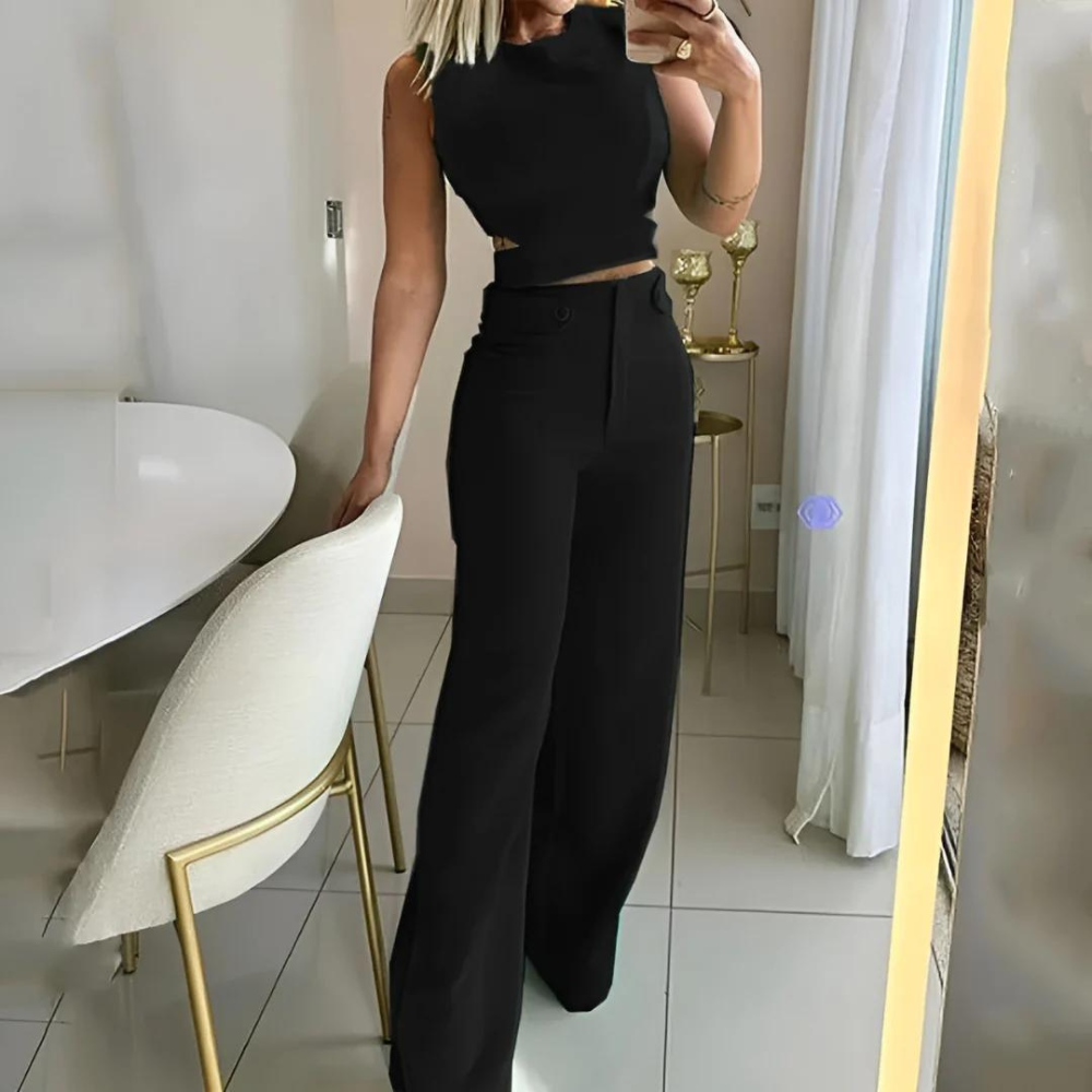 Stilla | Chic Kvinders Sæt Crop Top & Lange Bukser Med Høj Talje