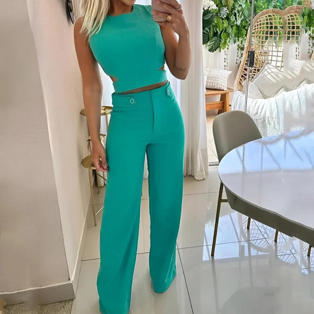 Stilla | Chic Kvinders Sæt Crop Top & Lange Bukser Med Høj Talje