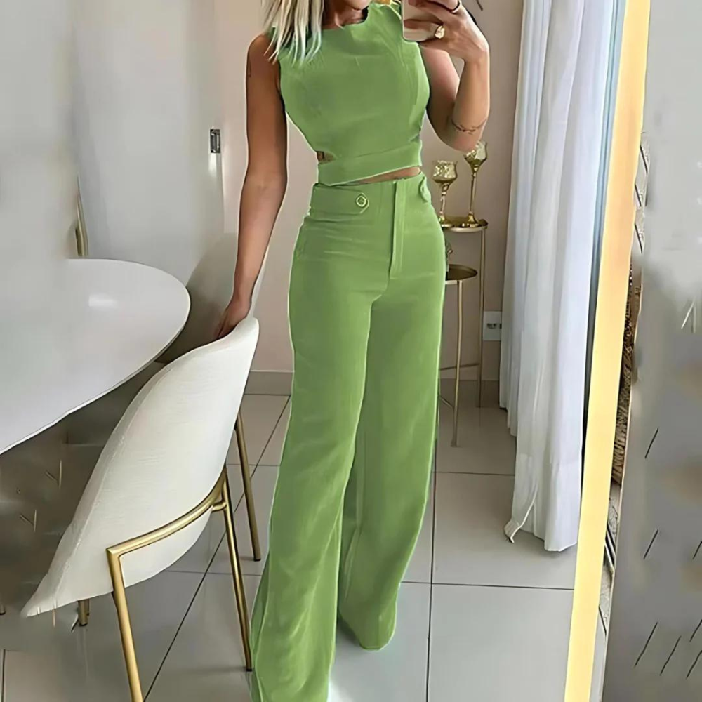 Stilla | Chic Kvinders Sæt Crop Top & Lange Bukser Med Høj Talje