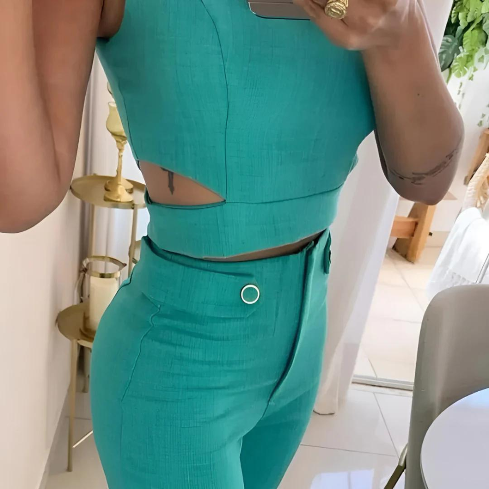 Stilla | Chic Kvinders Sæt Crop Top & Lange Bukser Med Høj Talje
