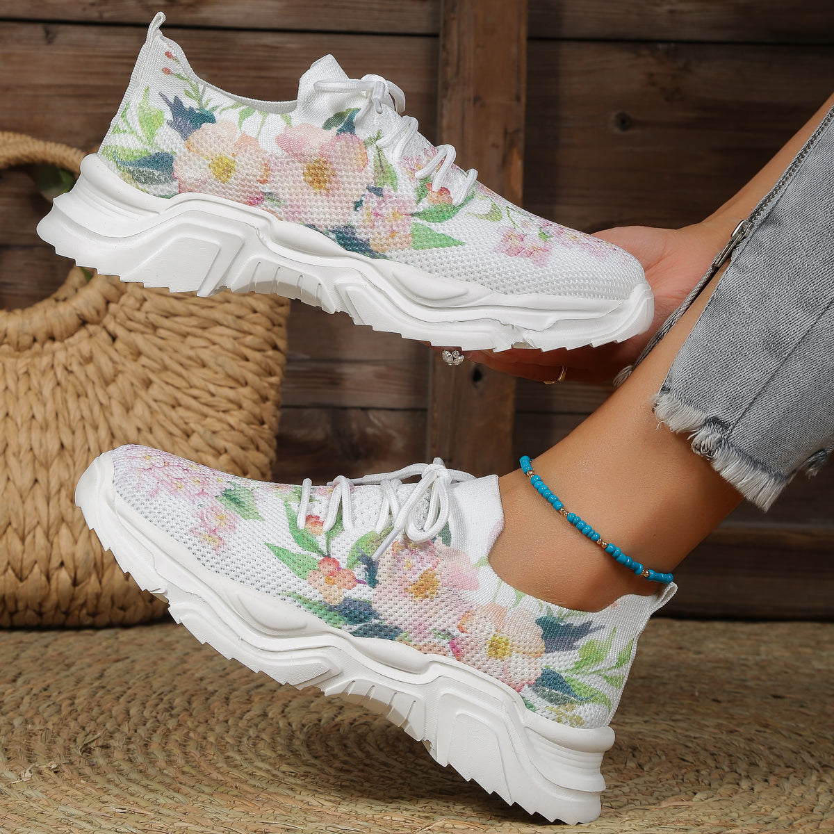 Stilla | Åndbare Ortodontiske Sneakers Med Snørebånd Og Blomster Mønster