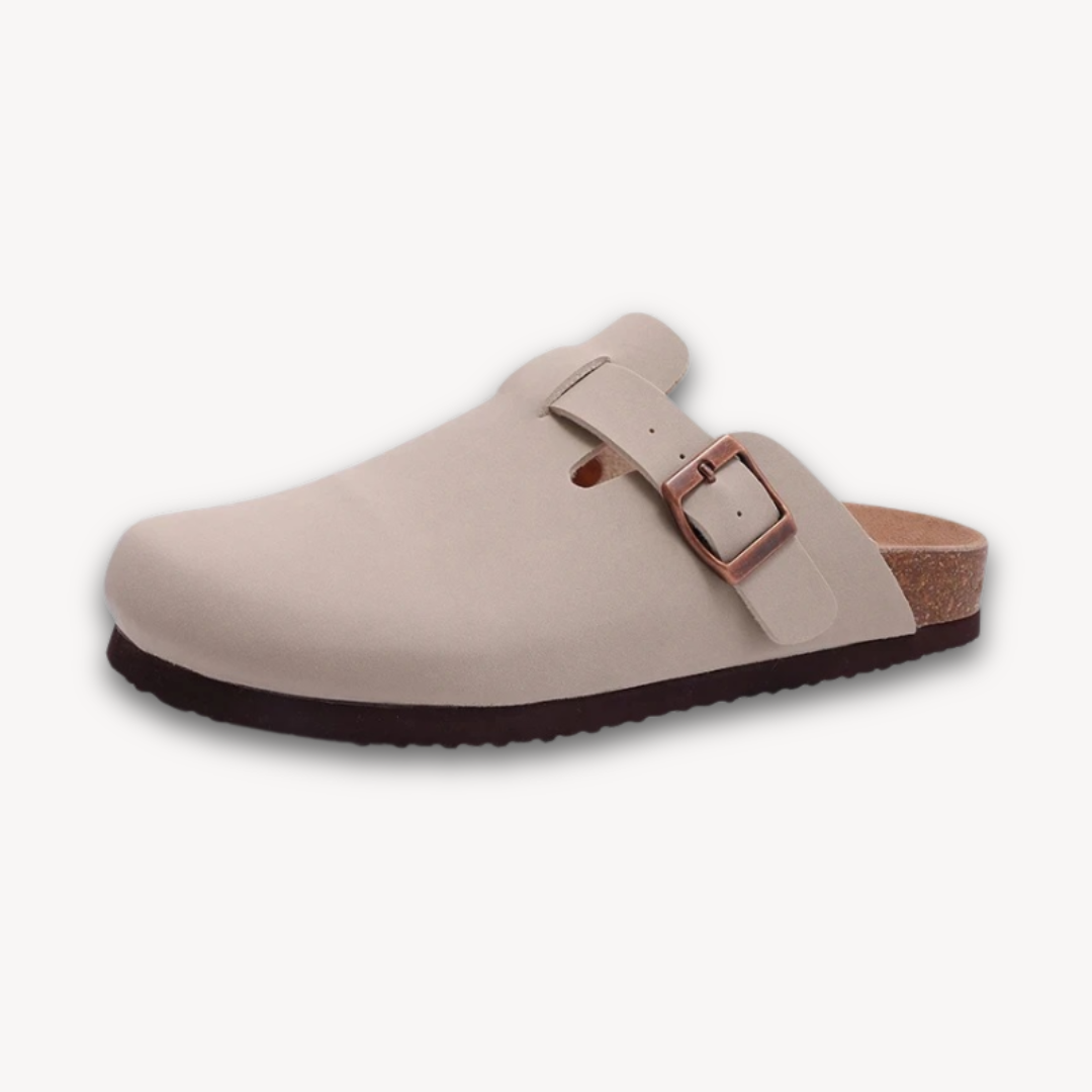 Stilla | Kvinders Træsko Suede Slip on Muler Med Justerbar Spænde Kork Fodbed