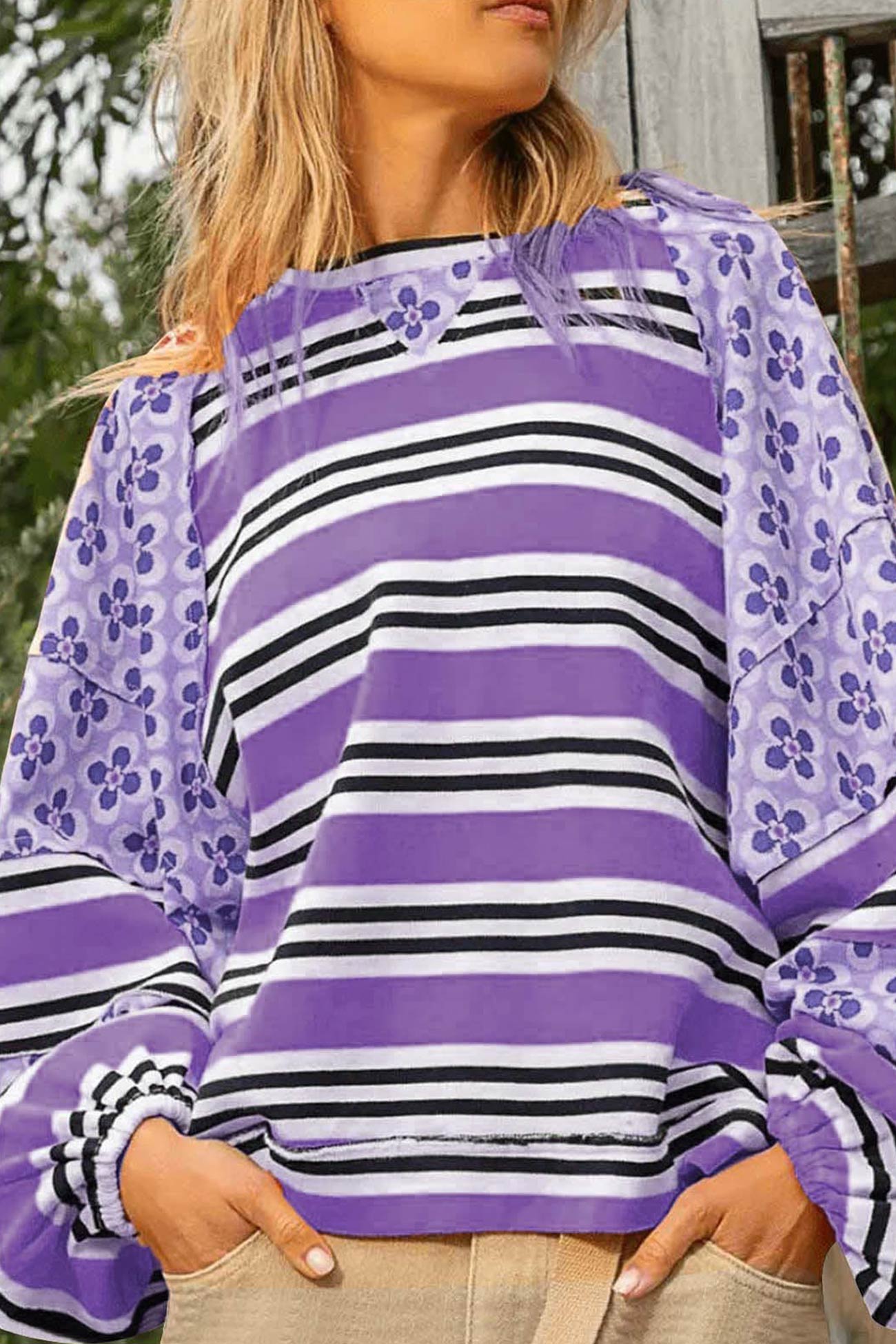 Stilla | Stribet bomulds sweatjacke med blomstermønster
