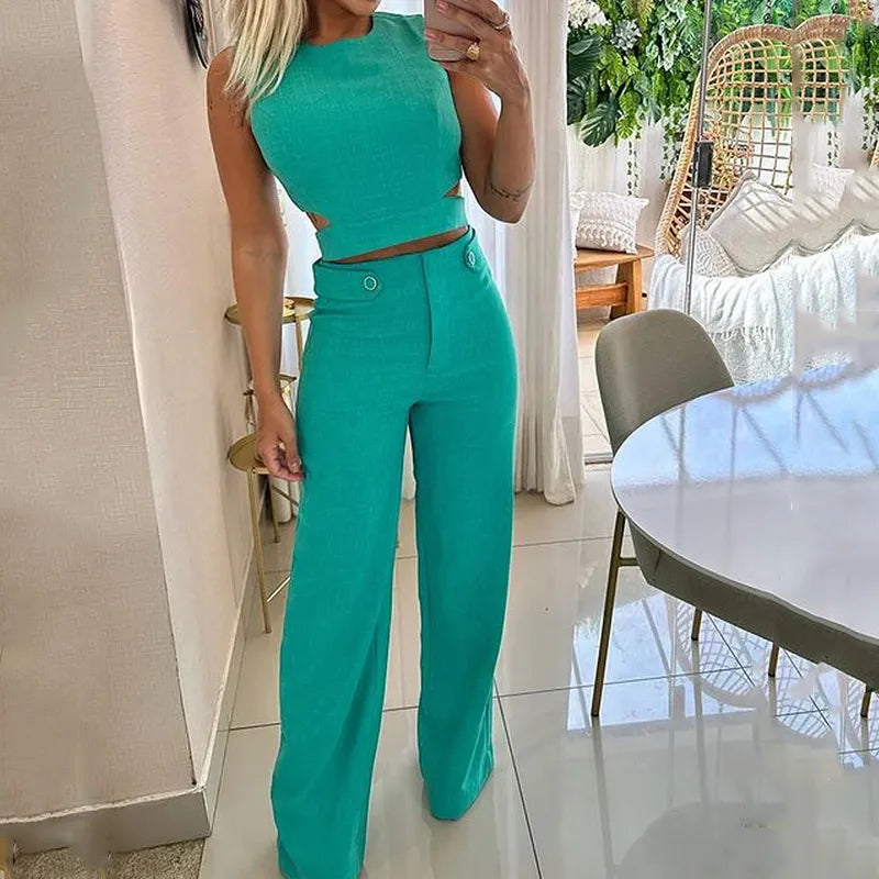 Stilla | Elegant Crop Top Højtaljet Lange Bukser Sæt