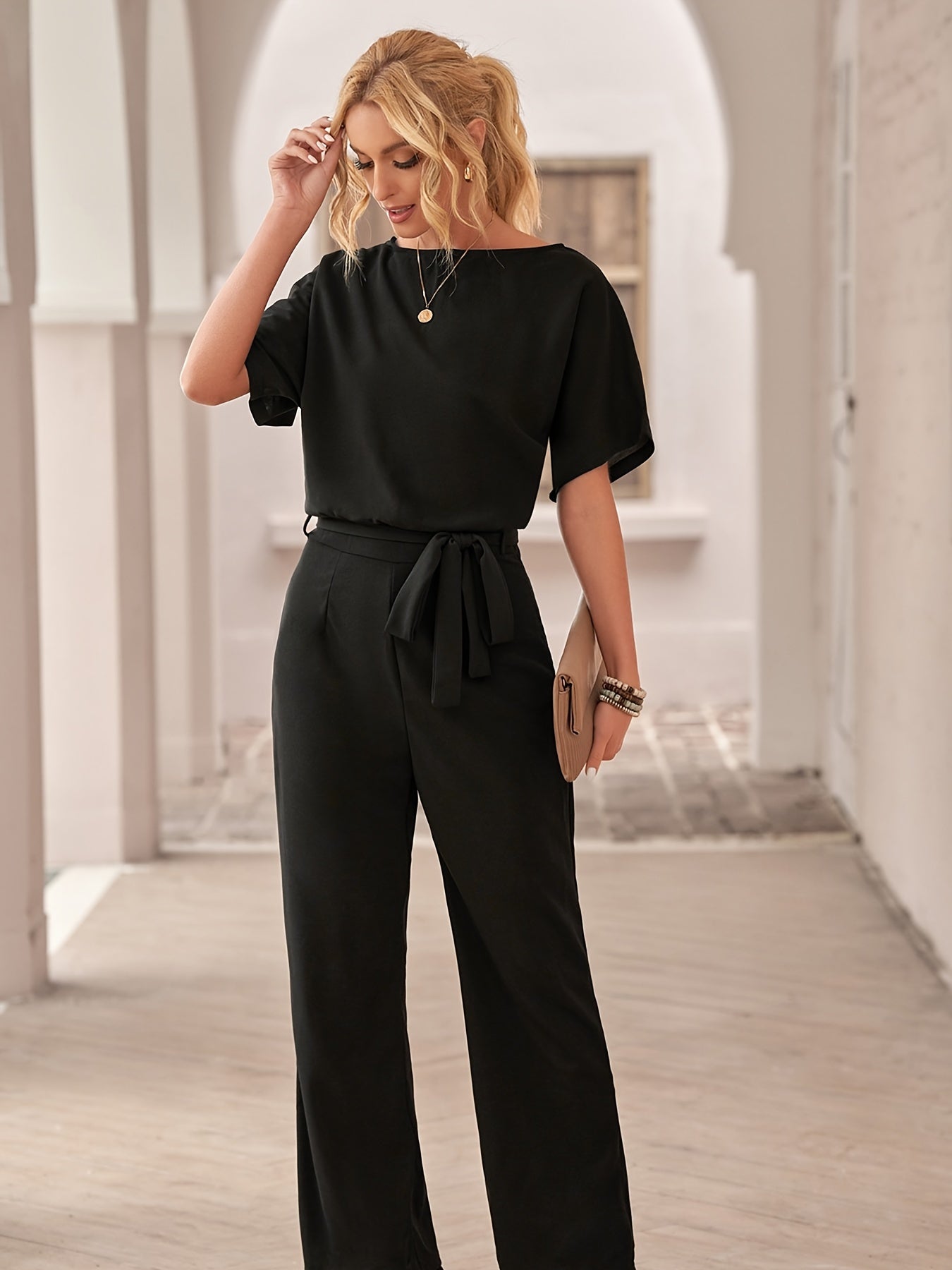 Stilla | Høj Talje Bred Ben Kortærmet Bælte Jumpsuit