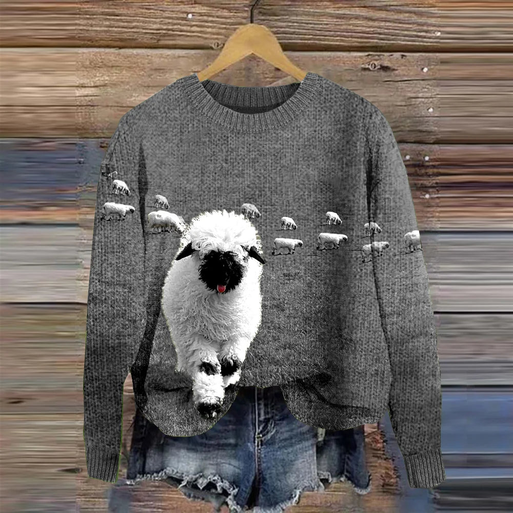 Stilla | Behagelig Strikpullover Med Rund Halsudskæring og Stray Sheep Tryk