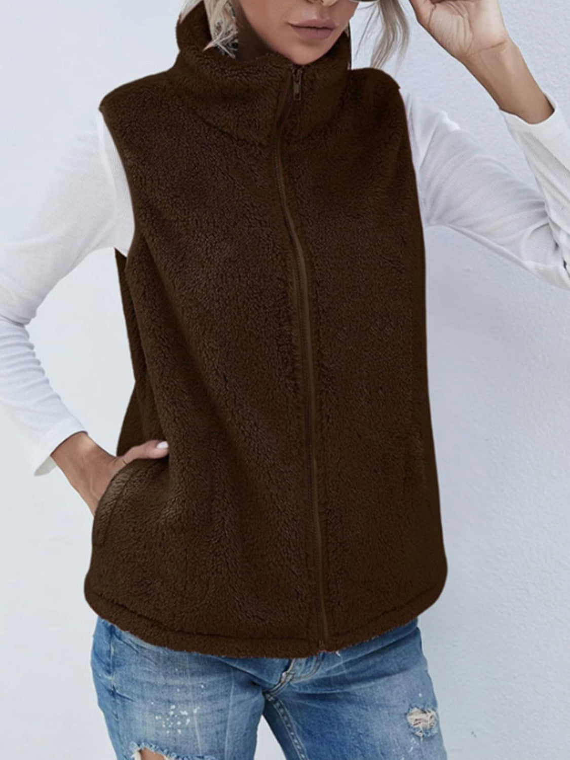 Stilla | Plush Vest Kapotte med Lynlås og Store Lommer