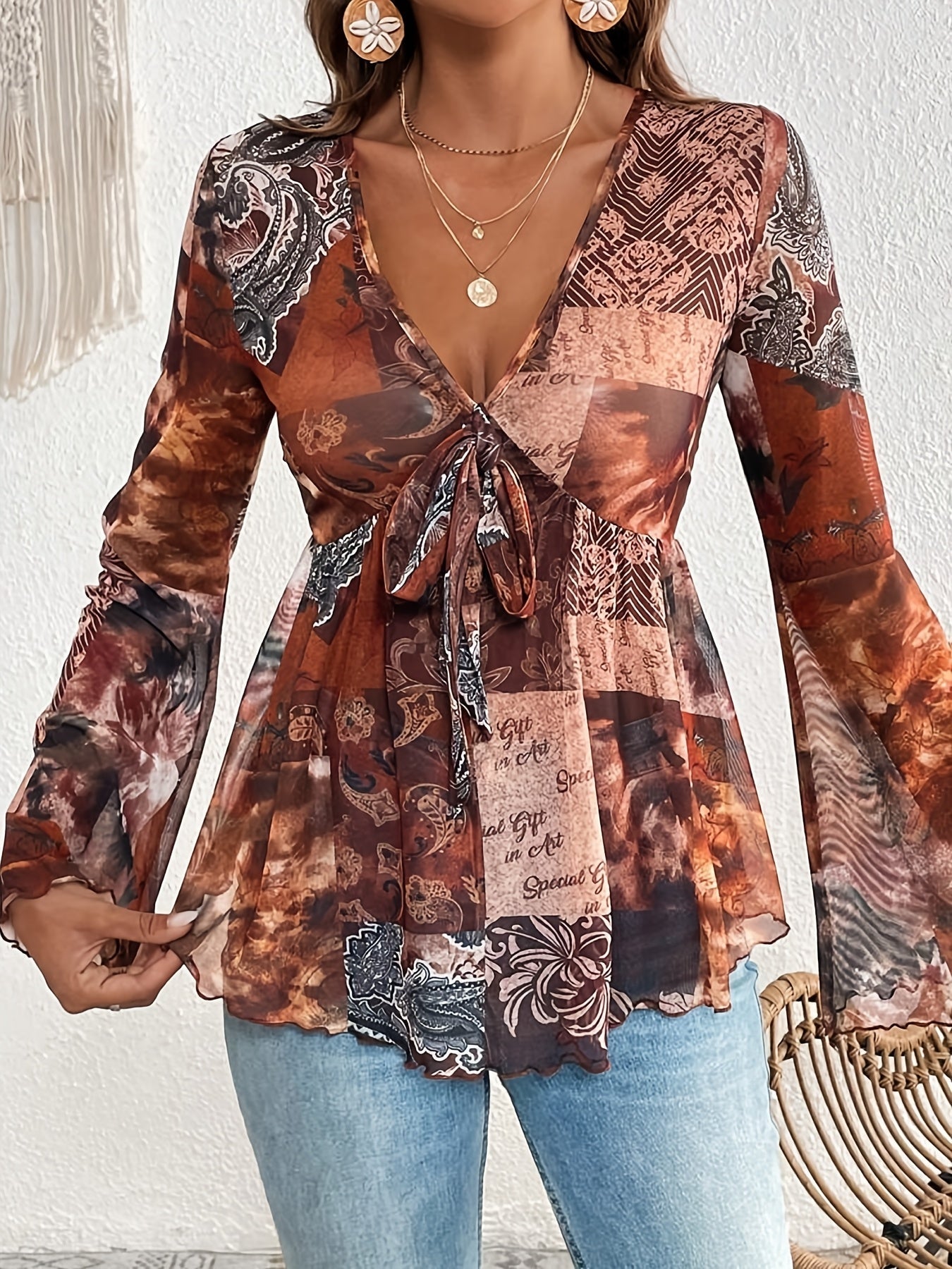 Stilla | Elegant Kjole Paisley V-Hals, Lange Ærmer & Let Mesh