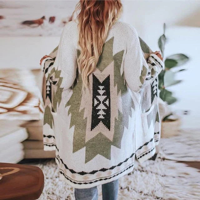 Stilla | Boheme inspireret Åben Cardigan med Geometriske Mønstre