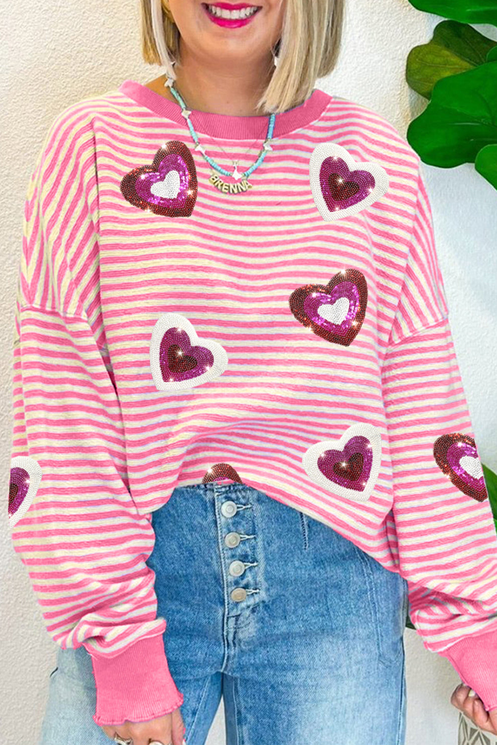 Stilla | Top Saint Valentin Med Lange Ærmer i Rosa Striber Og Hjerte-patch Med Pailletter