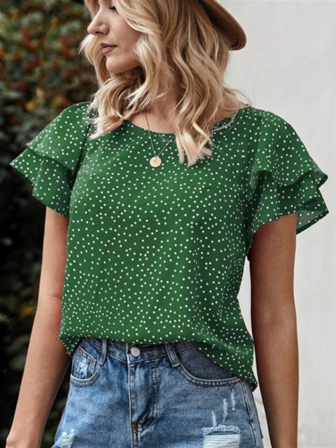 Stilla | Polka Dot Rund Hals Korte Ærme Bluse