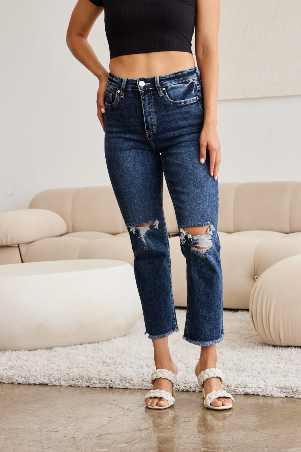 Stilla | Crop Dylan Full Size Mavekontrol Slidt Højtaljede Raw Hem Jeans