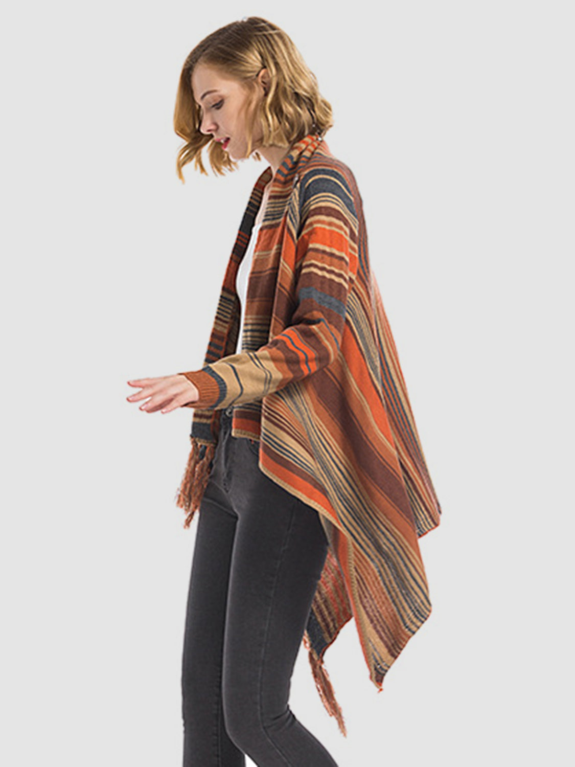 Stilla | Vinger Fringe Stribet Åben Front Langærmet Cardigan