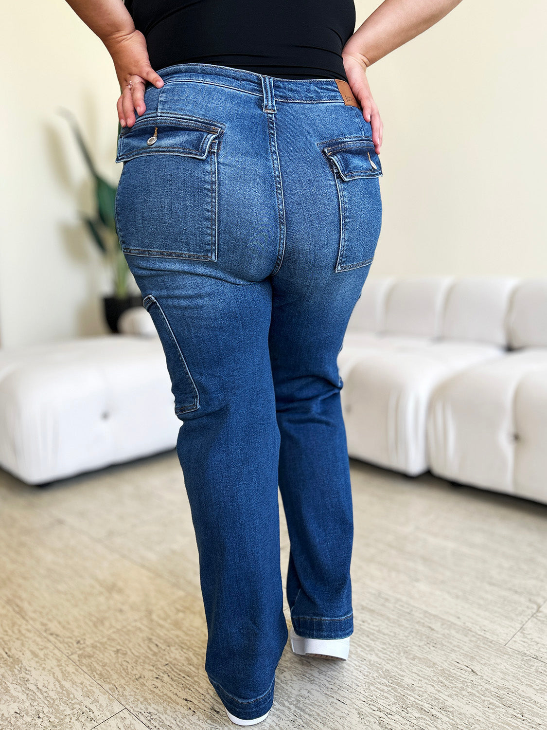 Stilla | Blå Fuld Størrelse Høj Talje Lige Cargo Jeans