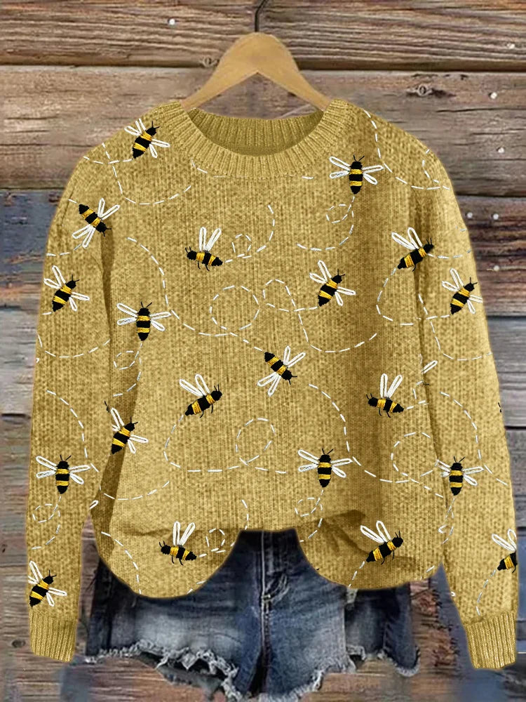 Stilla | Striktrøje Med Flyvende Bi Broderi Motiv
