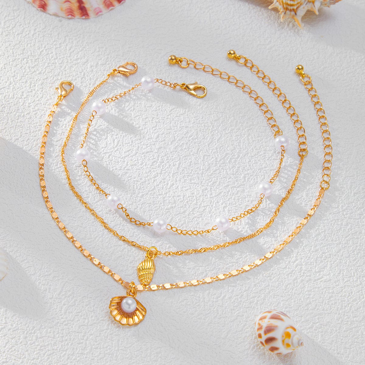 Strandstil Lagdelt Conchsnegl Charms Perlekæde Anklet