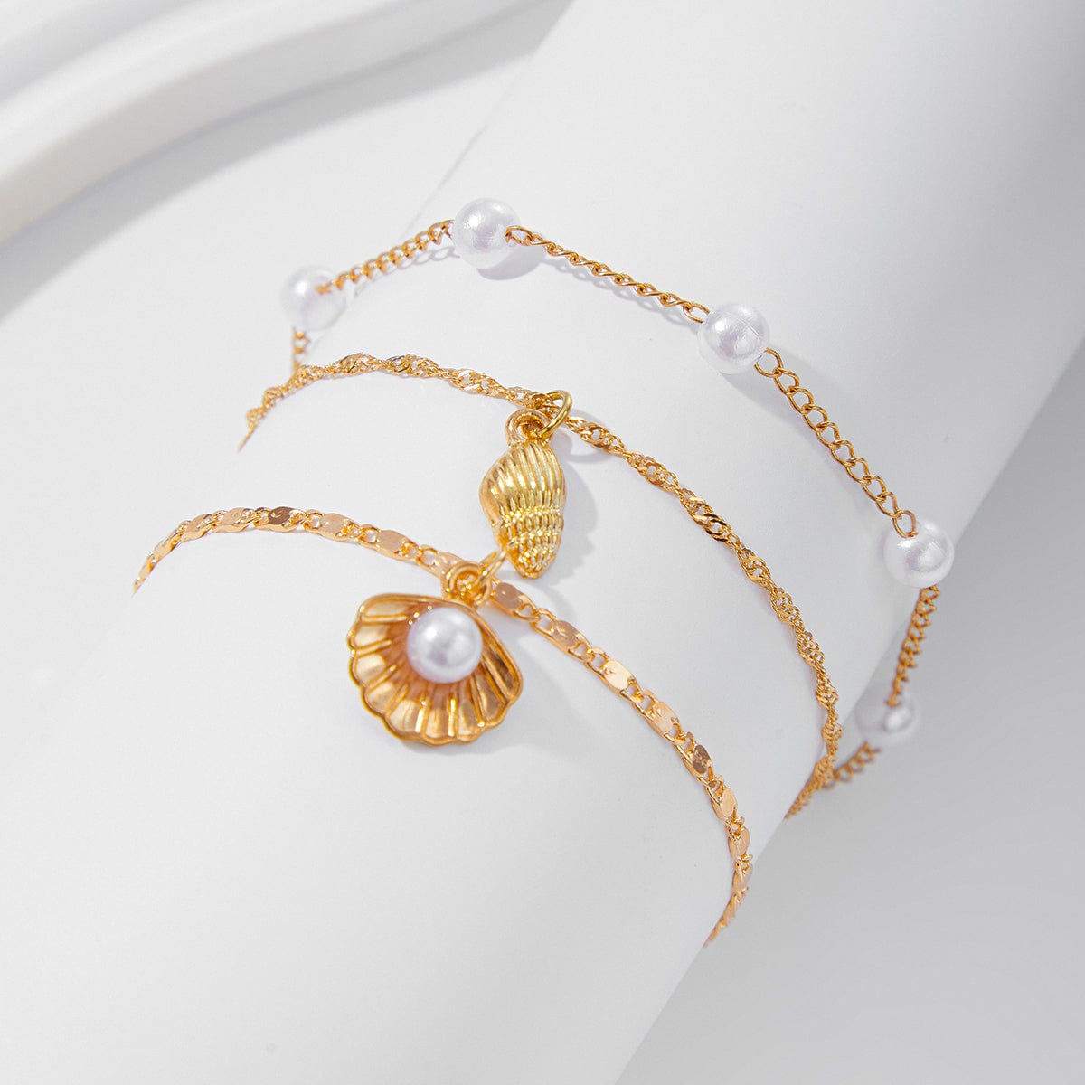 Strandstil Lagdelt Conchsnegl Charms Perlekæde Anklet