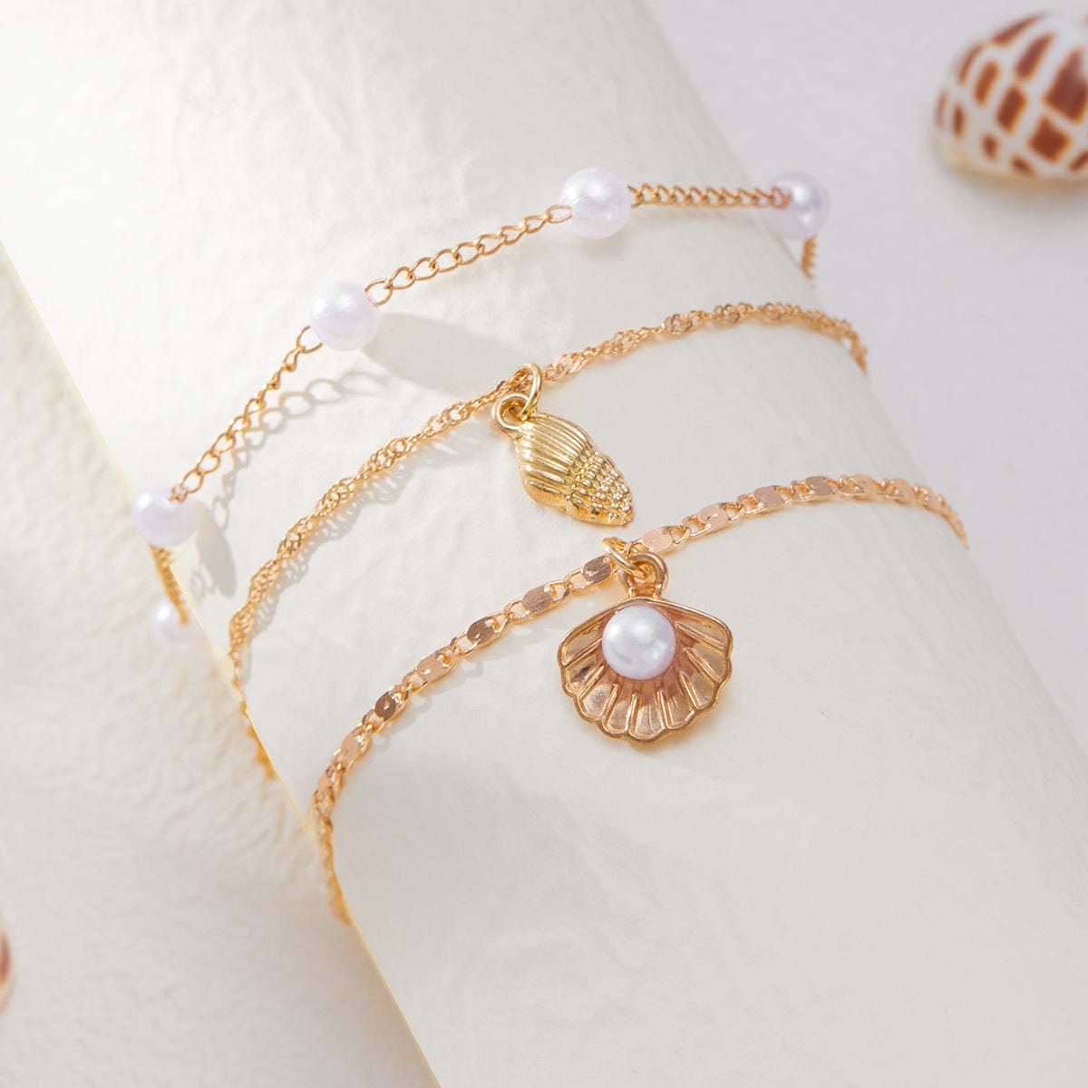 Strandstil Lagdelt Conchsnegl Charms Perlekæde Anklet