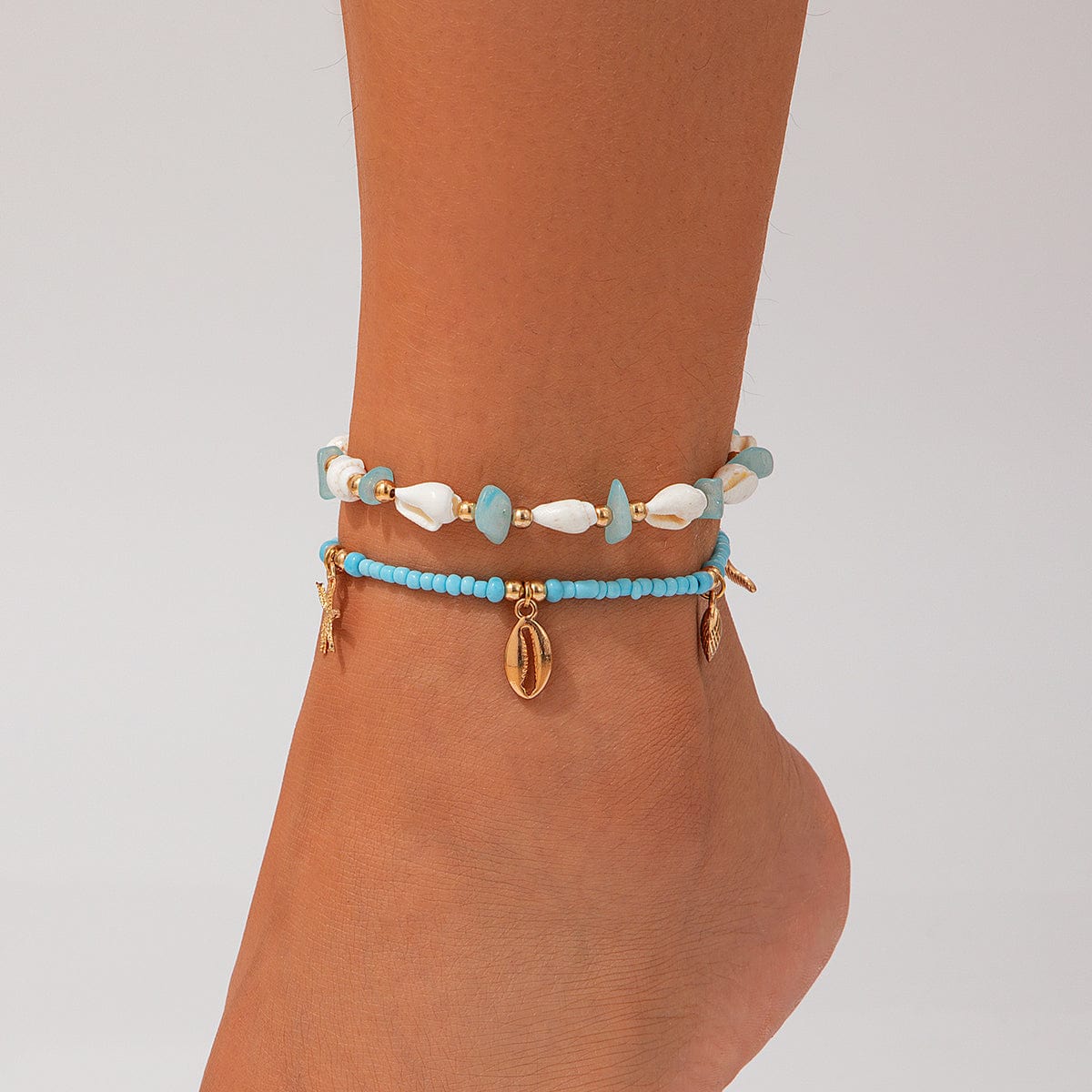 Strandstil Lagdelt Conch Søstjerne Charms Turkis Frøperle Anklet Sæt