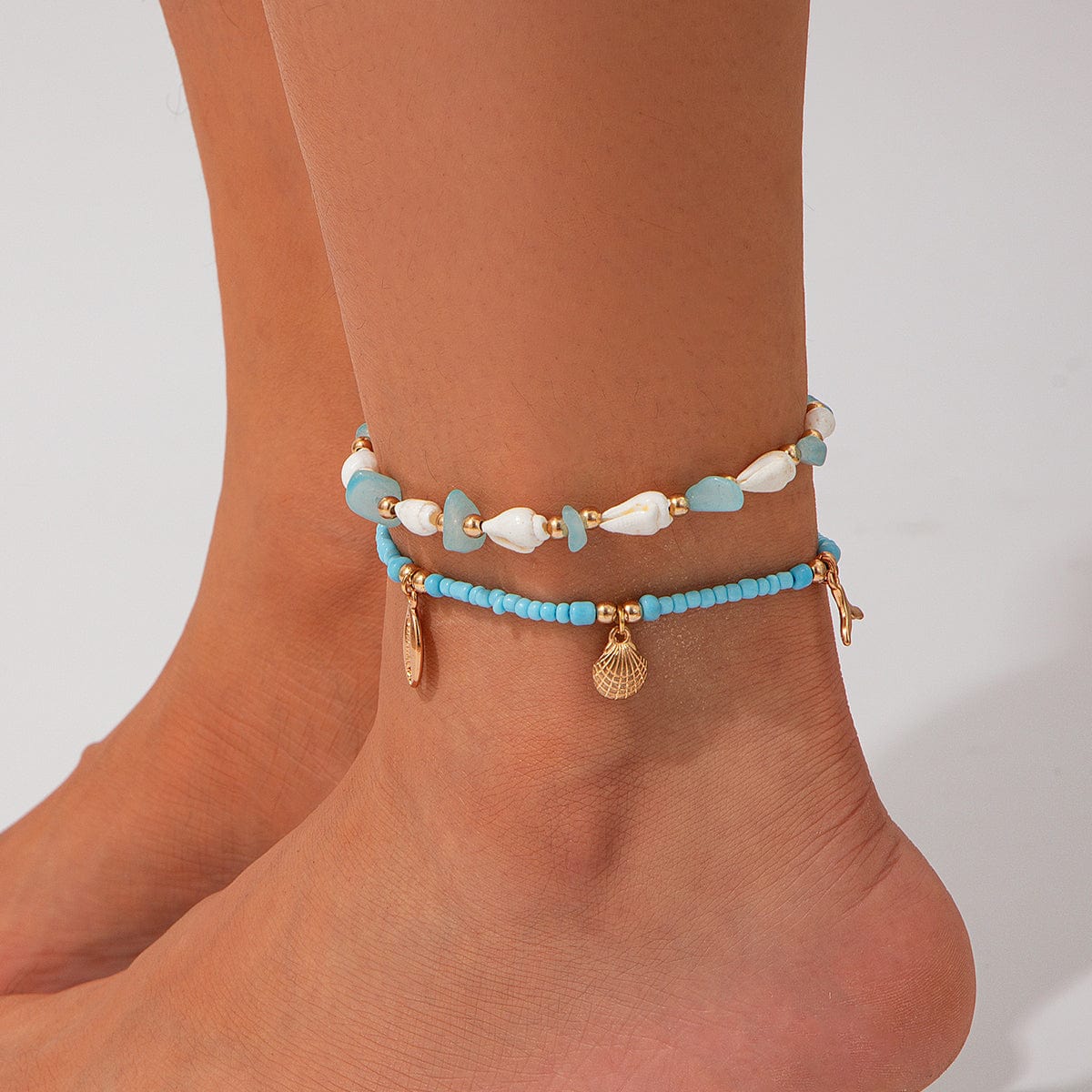 Strandstil Lagdelt Conch Søstjerne Charms Turkis Frøperle Anklet Sæt
