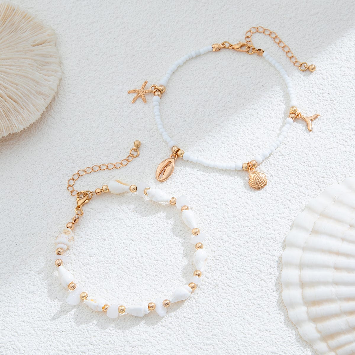 Strandstil Lagdelt Conch Søstjerne Charms Turkis Frøperle Anklet Sæt