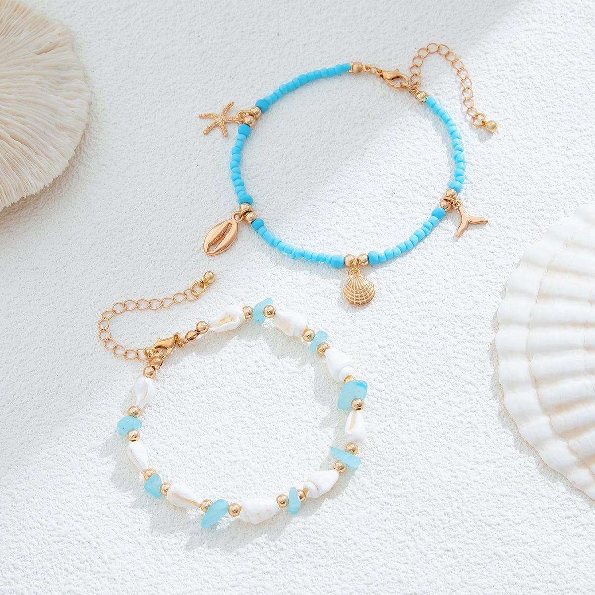 Strandstil Lagdelt Conch Søstjerne Charms Turkis Frøperle Anklet Sæt