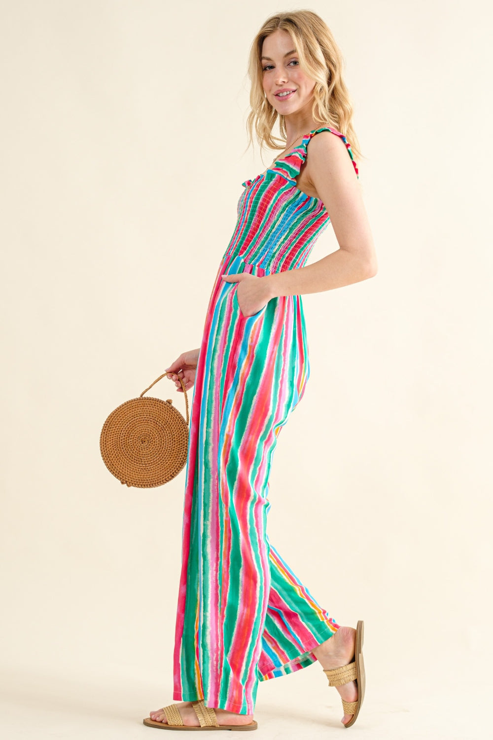 Stilla | the Why Full Size Striped Smocked Sleeveless Jumpsuit
