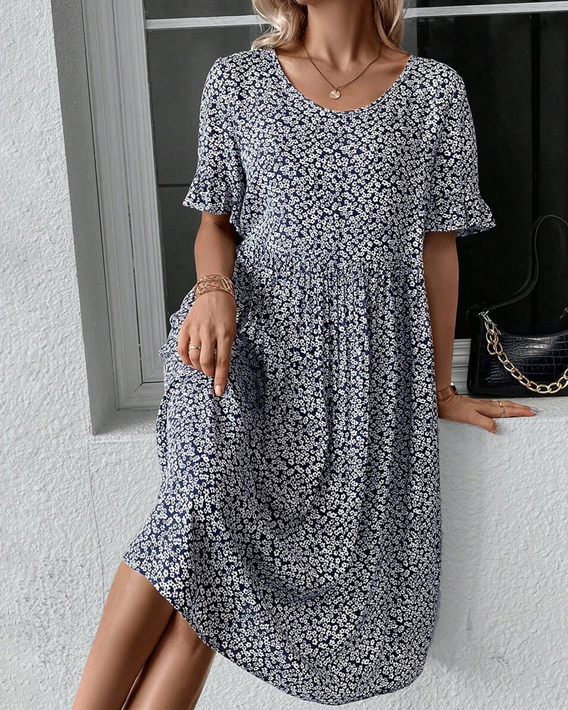 Stilla | Blomstret Elegant Kjole med Rund Hals