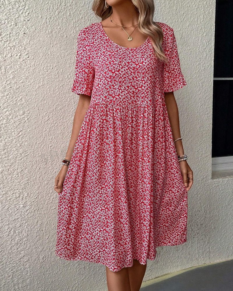 Stilla | Blomstret Elegant Kjole med Rund Hals