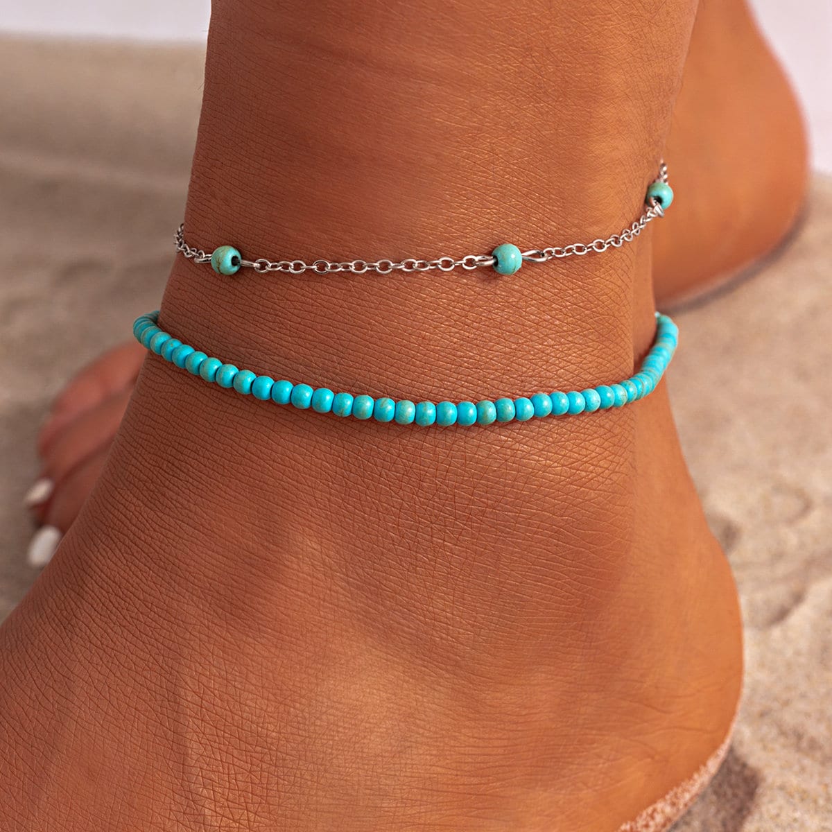 Bohemia Laget Frø Perle Turquoise Ankel Sæt
