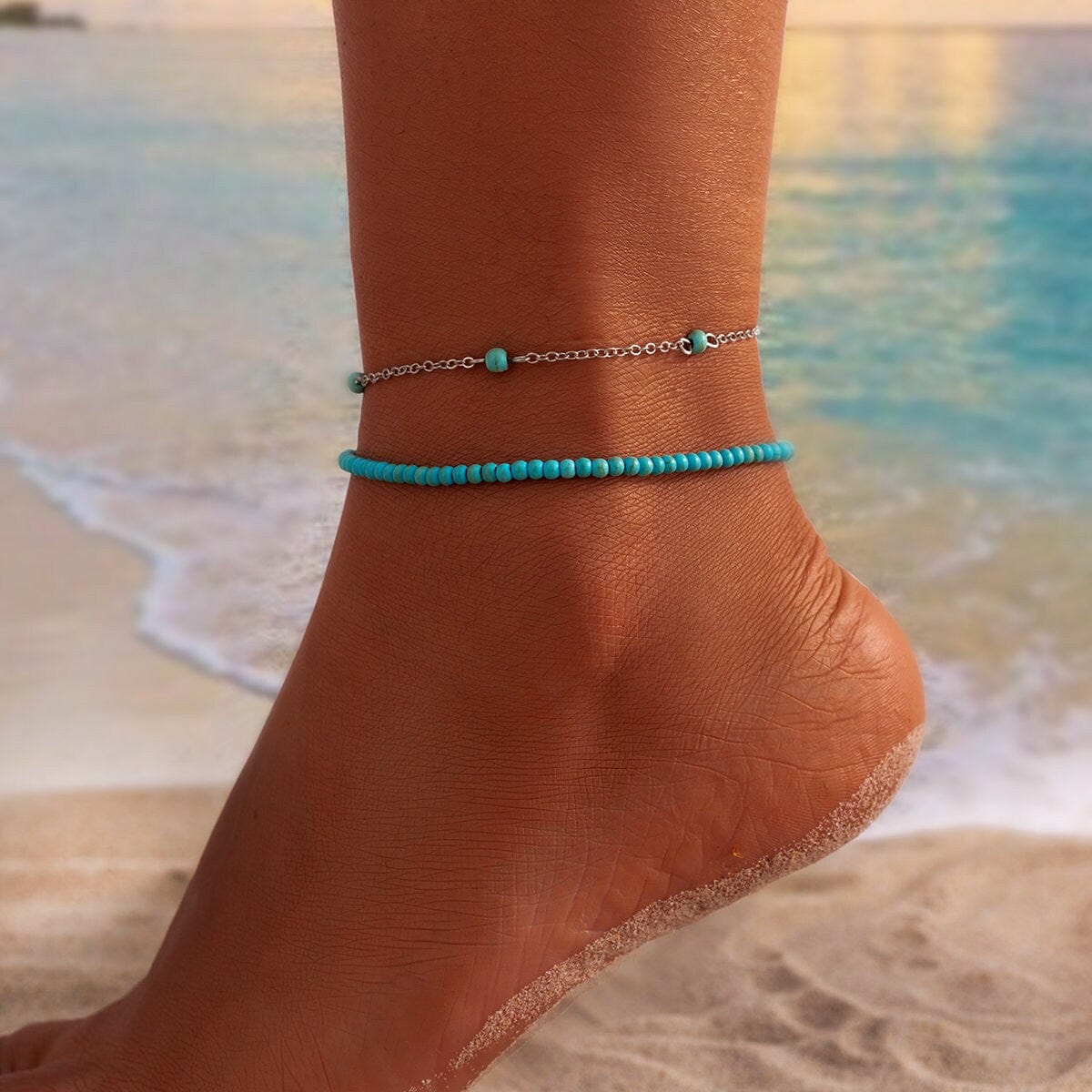 Bohemia Laget Frø Perle Turquoise Ankel Sæt